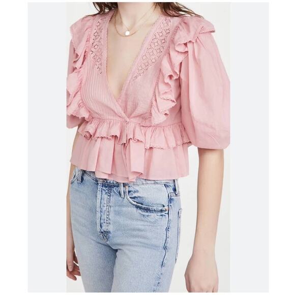 Farm Rio Blush Pink Puff Sleeve V-Neck Cropped Bohemian Blouse Size XS - Picture 14 of 16